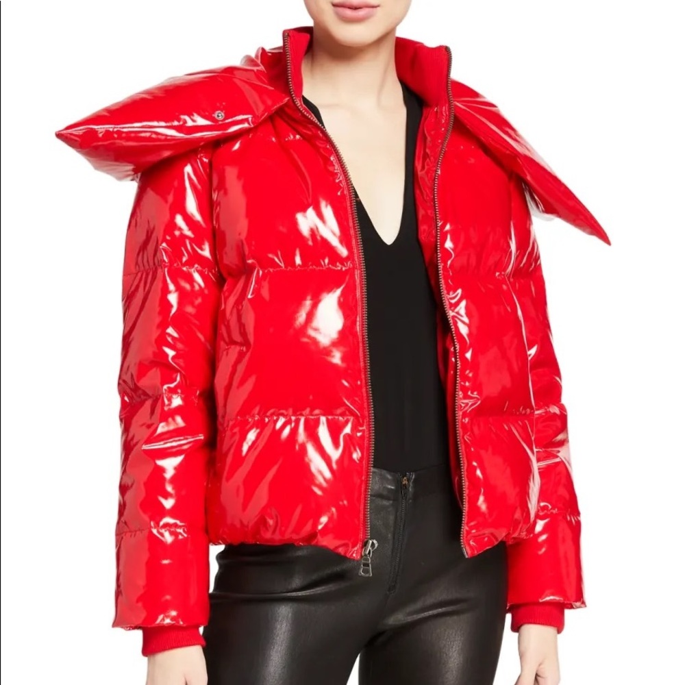 Alice and Olivia Durham High Neck Shiny Puffer Jacket in Red